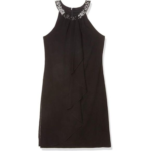 SLNY Women's Size 14 Black Bead Braided Halter Sleeveless Cascade Chiffon Dress - Picture 3 of 11
